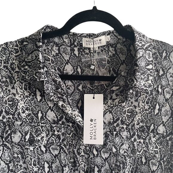 MOLLY BRACKEN Snake Print Long Sleeve Shirt Midi Dress Pleated Black Grey L - Picture 6 of 12